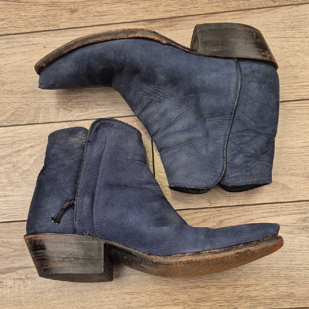 TRES OUTLAWS Custom Dark Blue Leather Sz 7 Womens Side Zip Western Ankle Boots‎